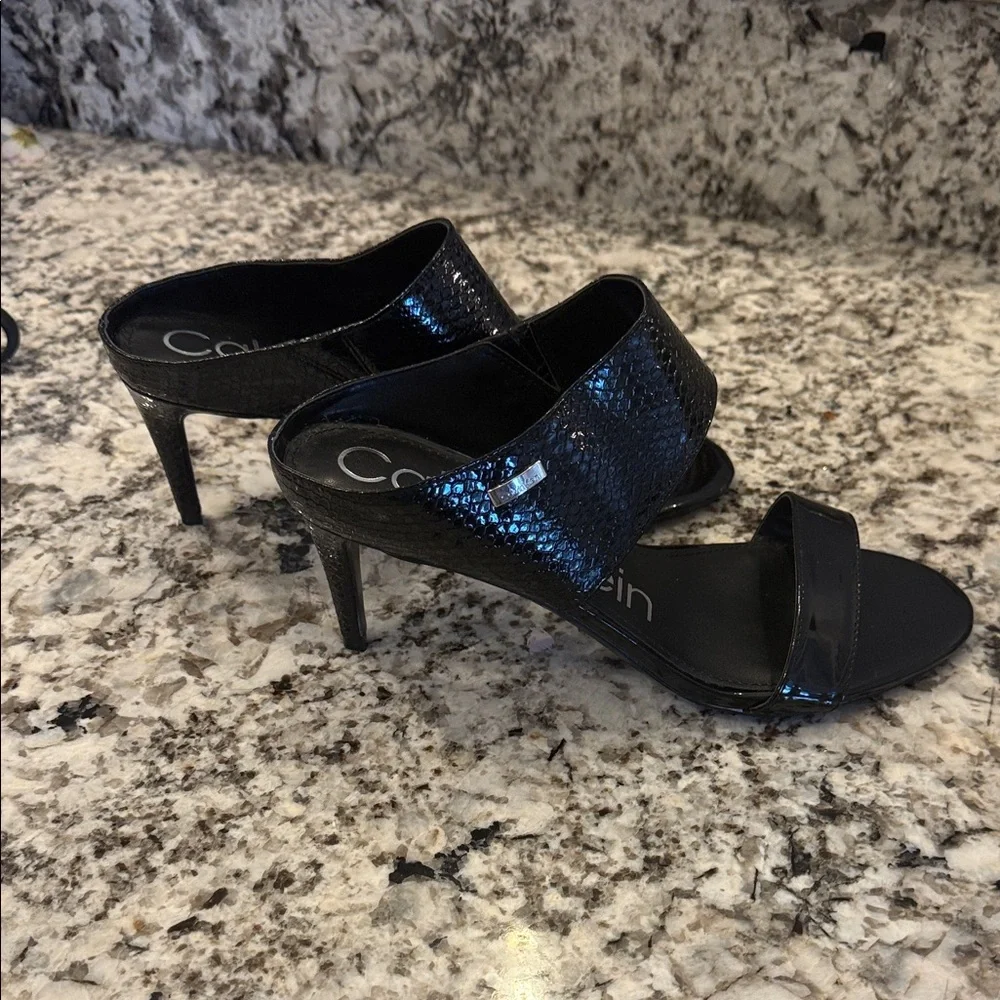 Calvin Klein Black Patent & Snake-Texture Heel Sandals - Picture 3 of 9
